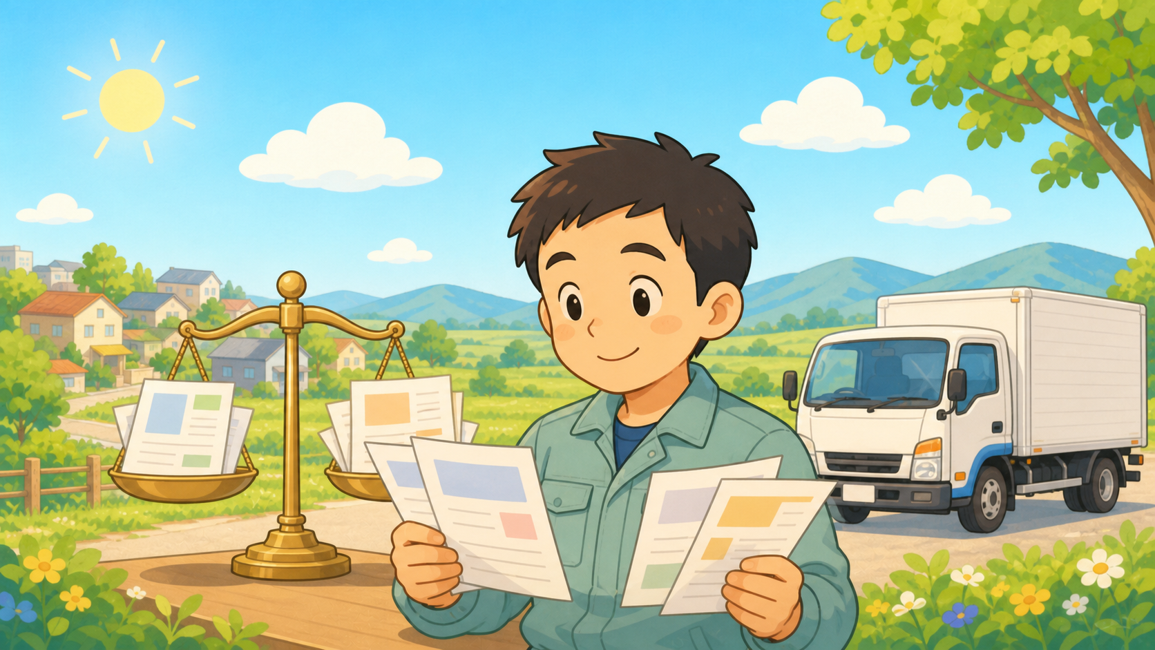 天秤の上に複数の求人票がのっていて、自分の価値を見比べているイメージのイラスト