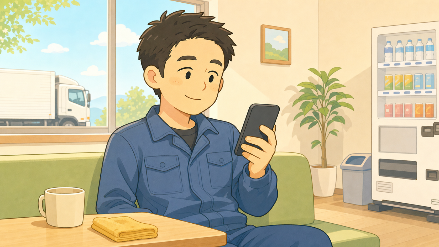 スマホを片手に、1社だけ登録して「まずは試しに」という表情のドライバーのイラスト