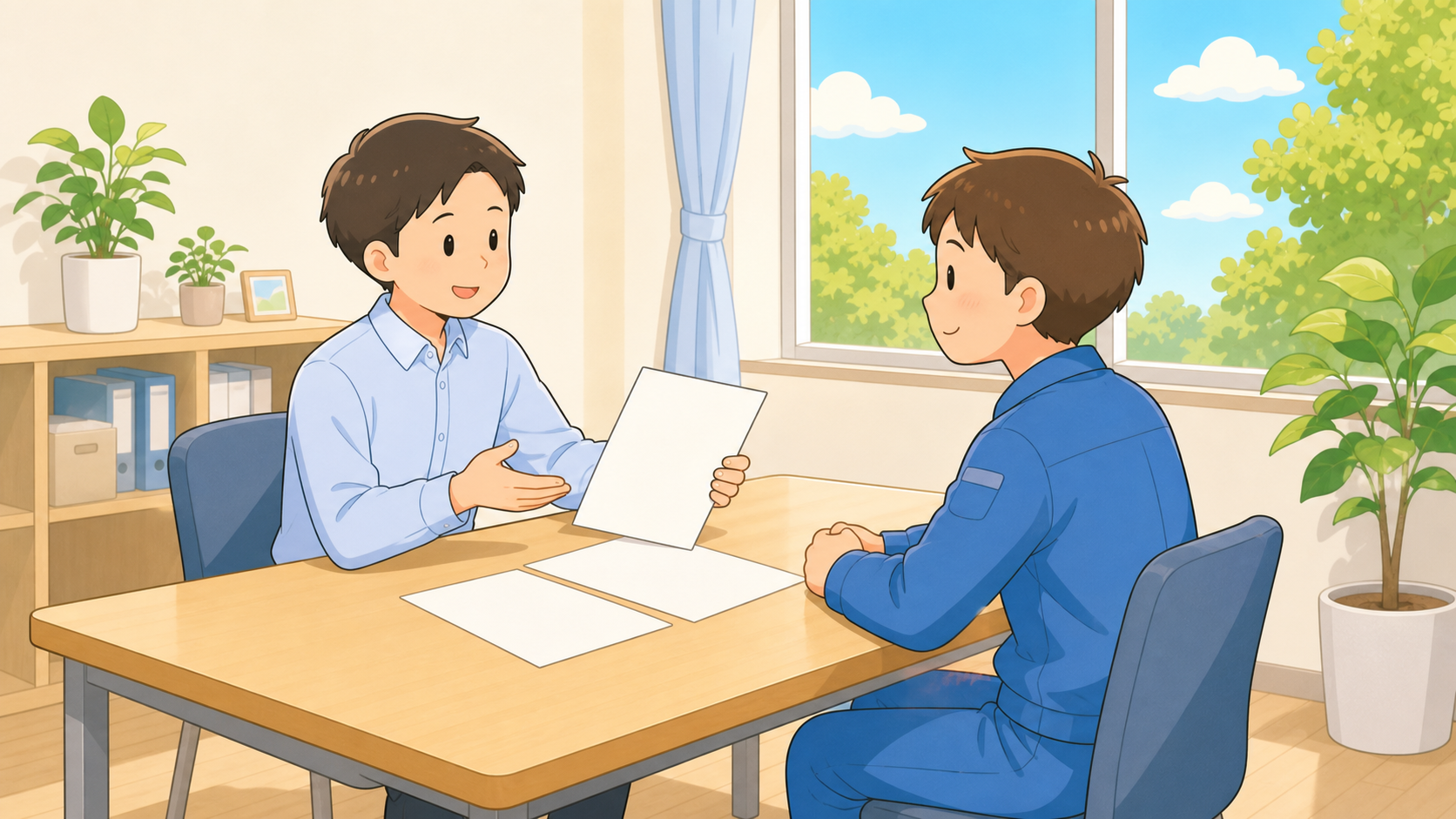 エージェントの担当者が、作業着姿のトラックドライバーに書類を見せながら求人を説明しているイラスト