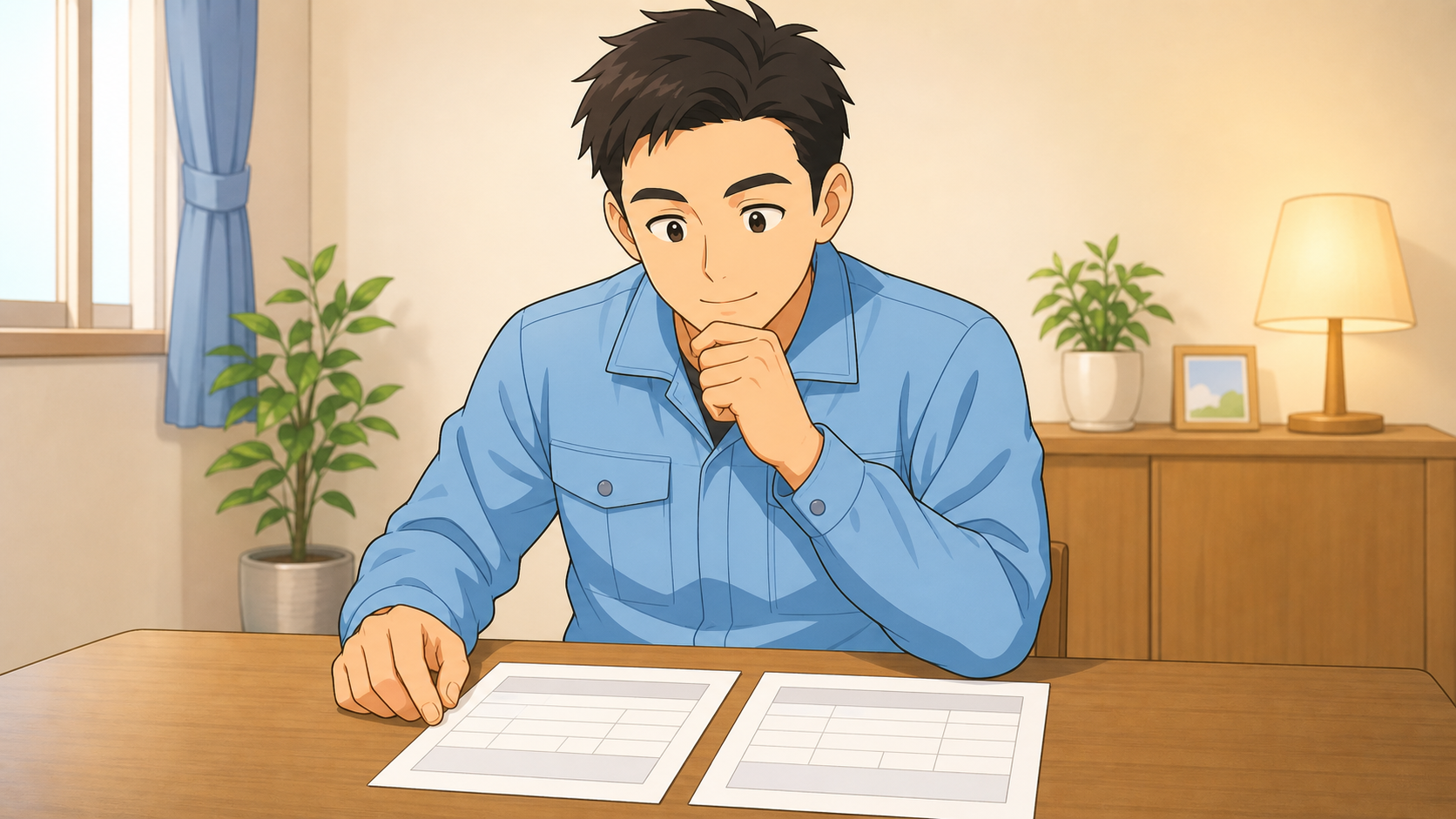 給料明細を見比べながら、月給とボーナスのバランスを考えているドライバーのイラスト