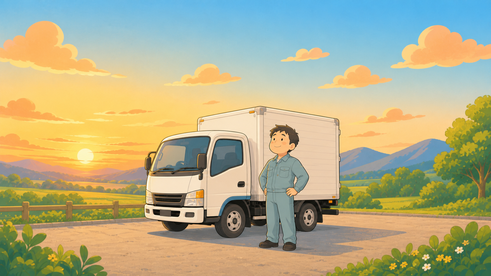 夕暮れの中、トラックのそばで穏やかな表情のドライバーのイラスト