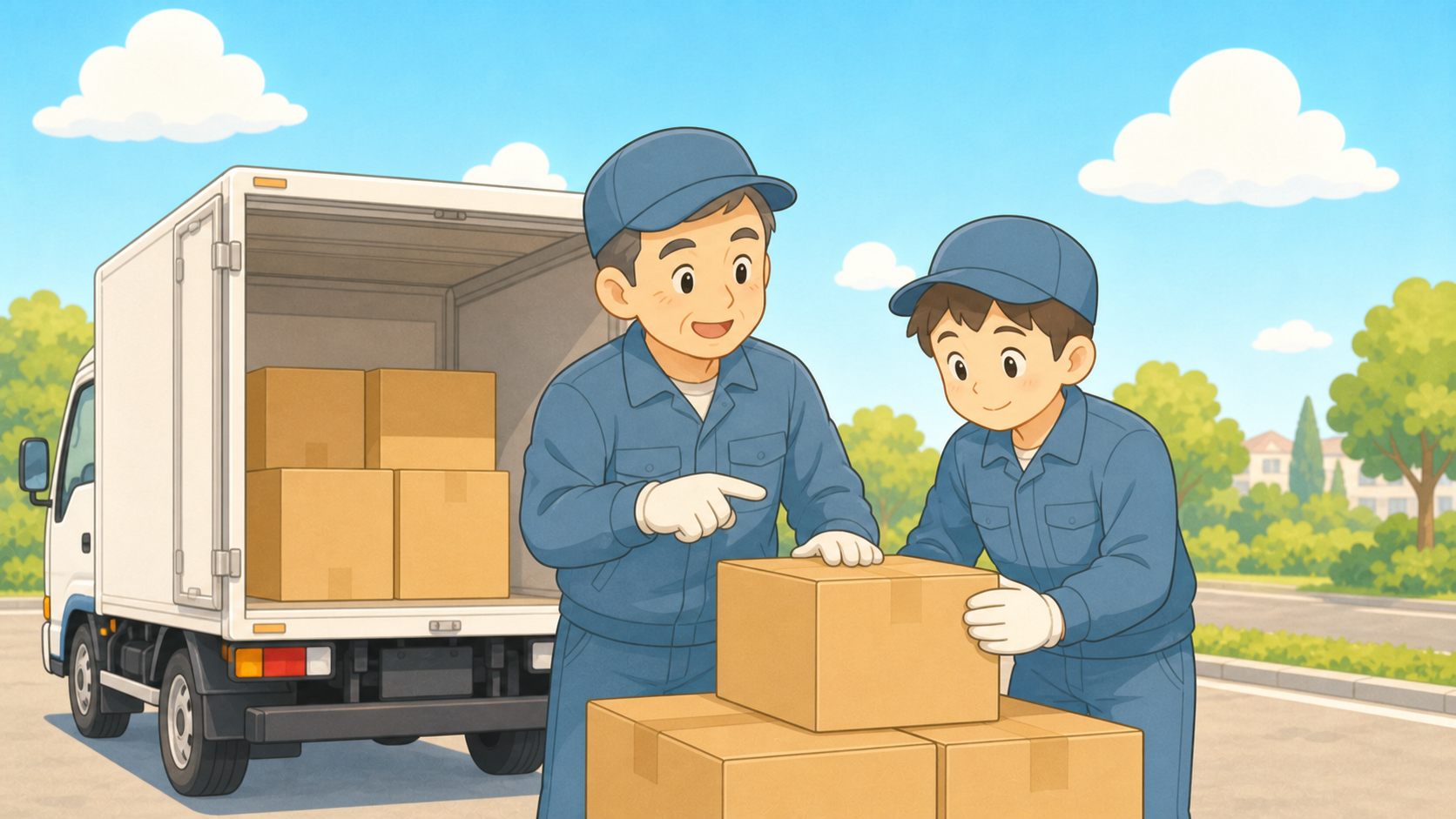 先輩ドライバーの横で、荷物の積み方を教わっている新人ドライバーのイラスト