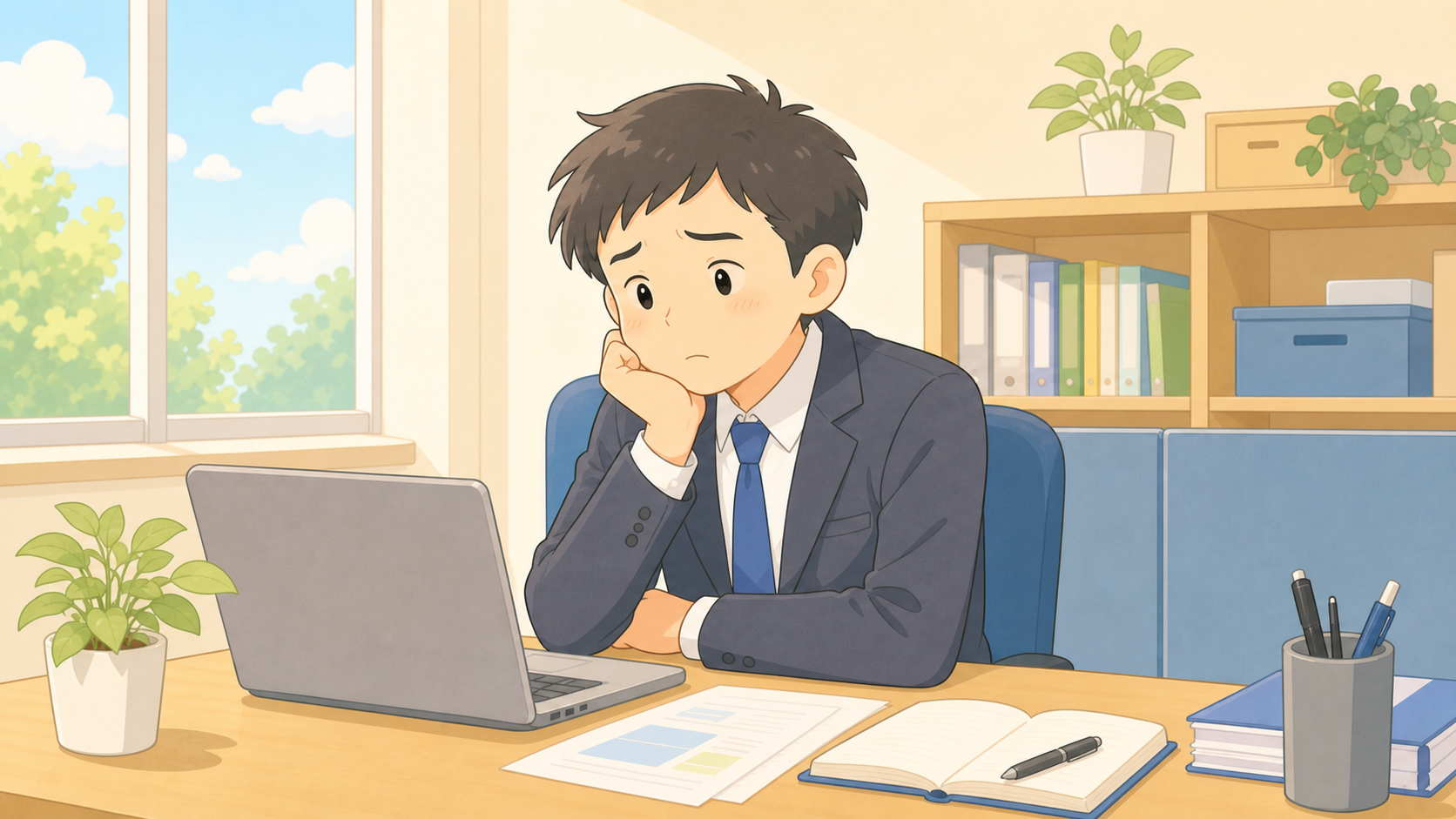 デスクで書類を前に、浮かない表情で考え込む営業マンのイラスト
