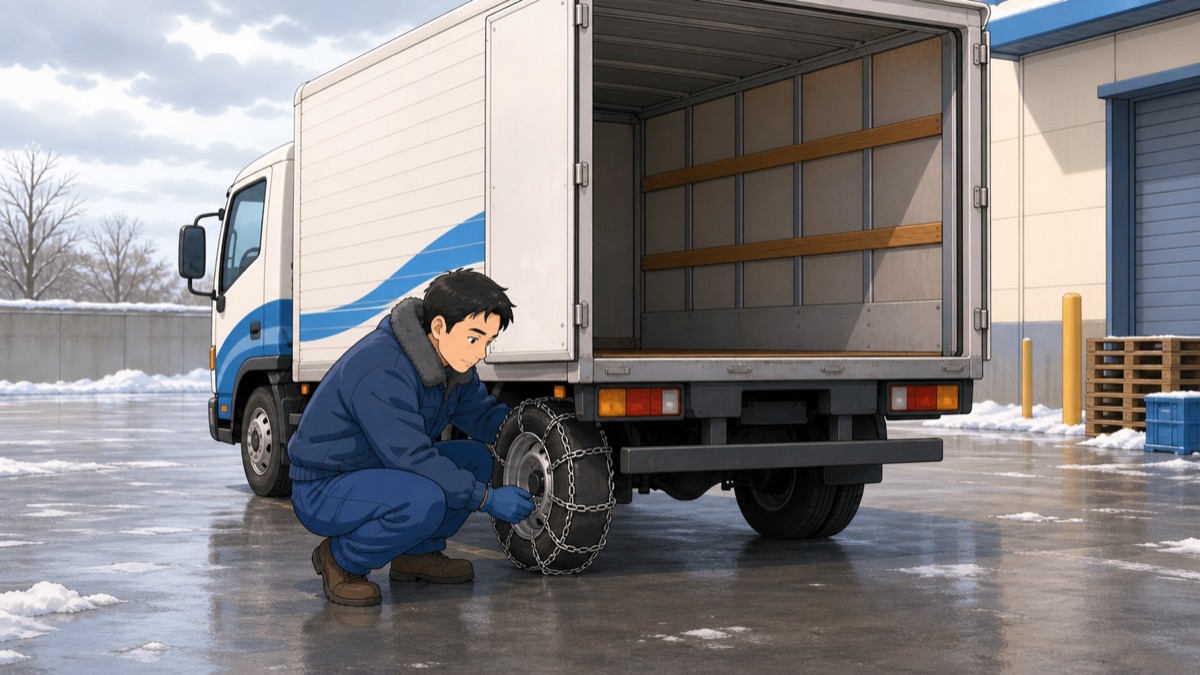 荷降ろしを終えて空荷になったトラックにチェーンを取り付けているイラスト