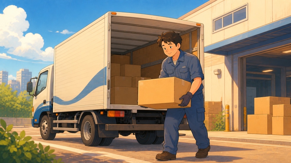 トラックの荷台から段ボールを手で降ろしている作業中のドライバーのイラスト