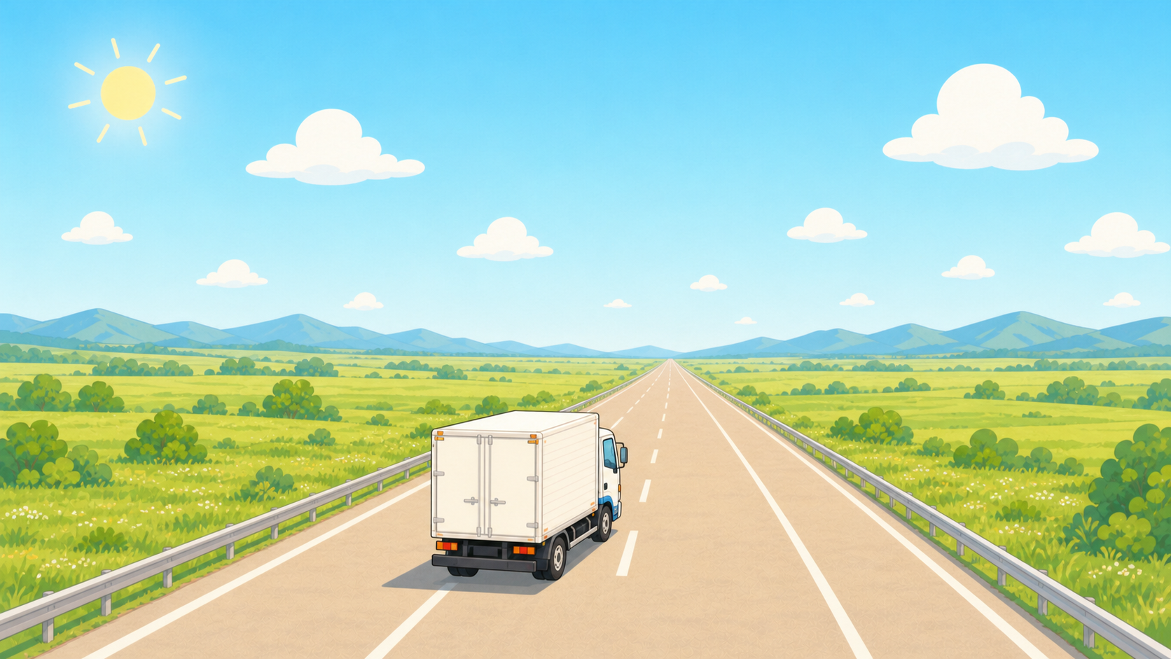 どこまでもまっすぐ続く高速道路を、地平線に向かって走るトラックのイラスト(長距離のイメージ)