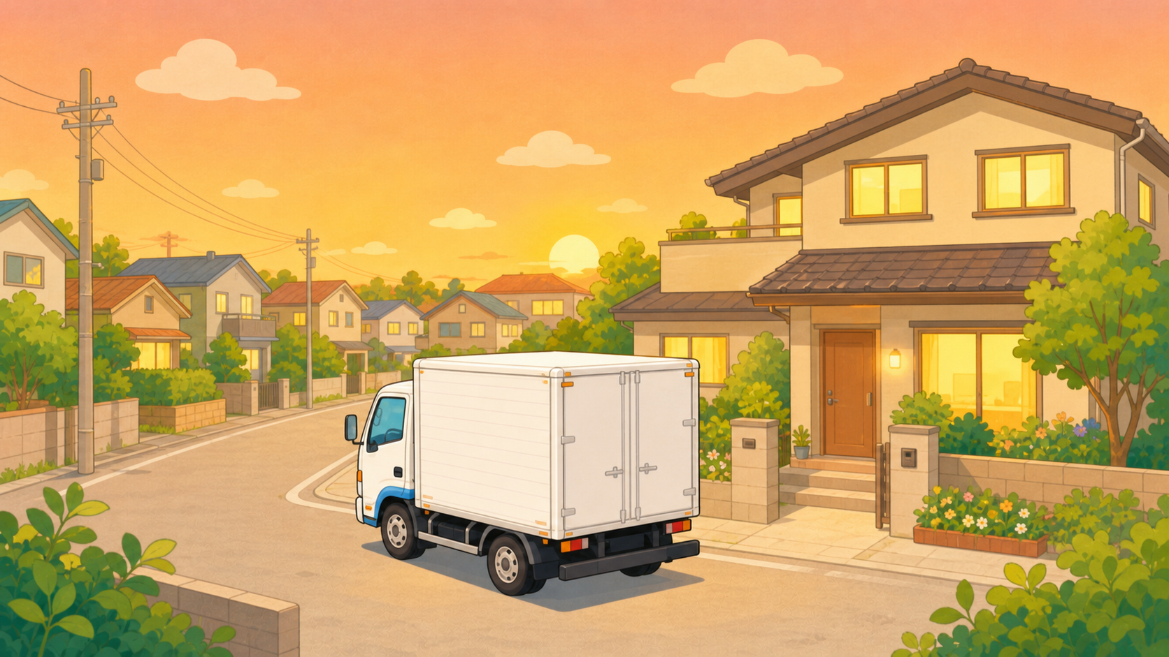 夕暮れの住宅街で、家の前に帰ってきた小型トラックのイラスト(地場=毎日家に帰れる)