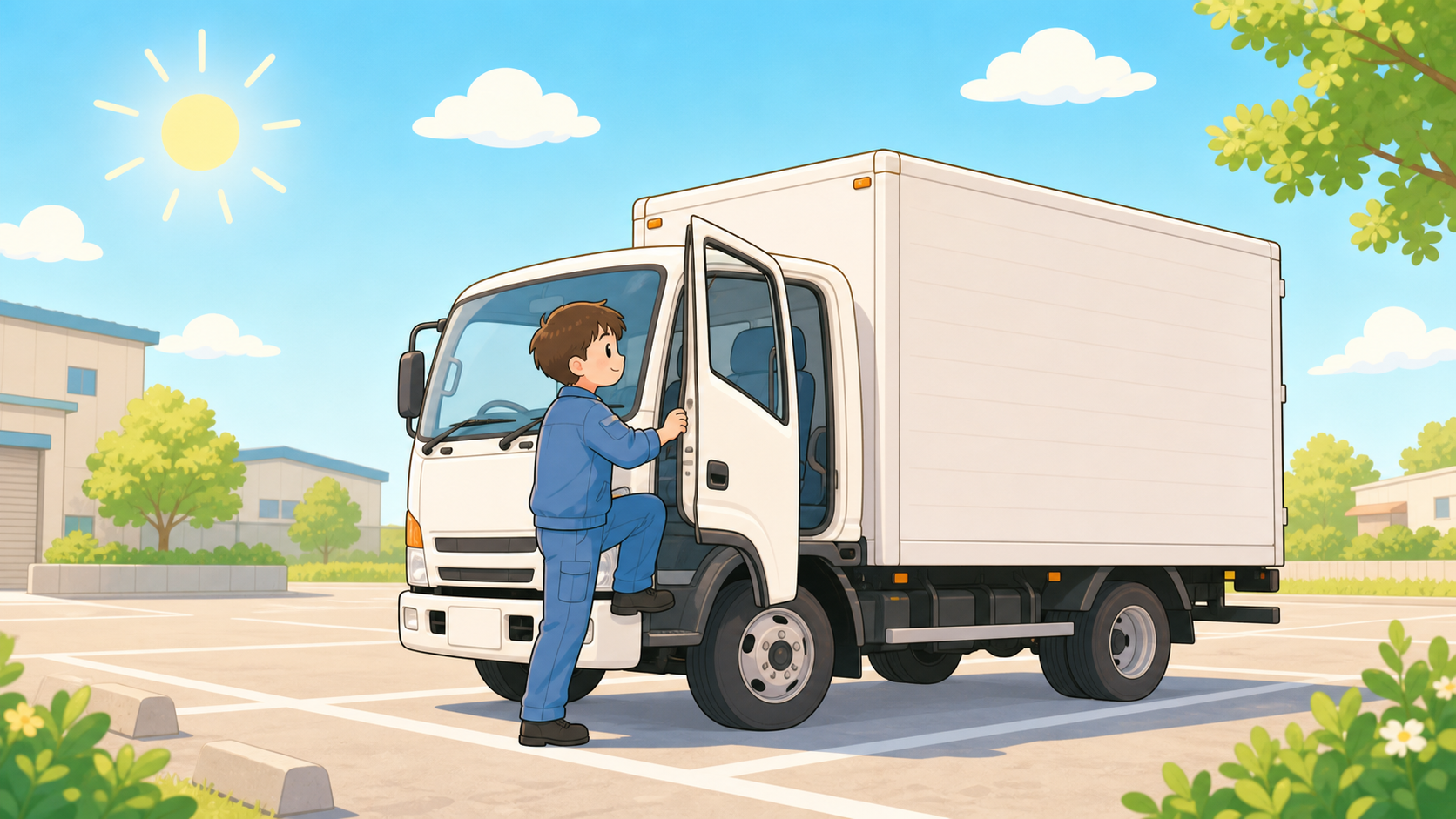 早朝の駐車場で、白い小型トラックの運転席に乗り込もうとしている新人ドライバーのイラスト