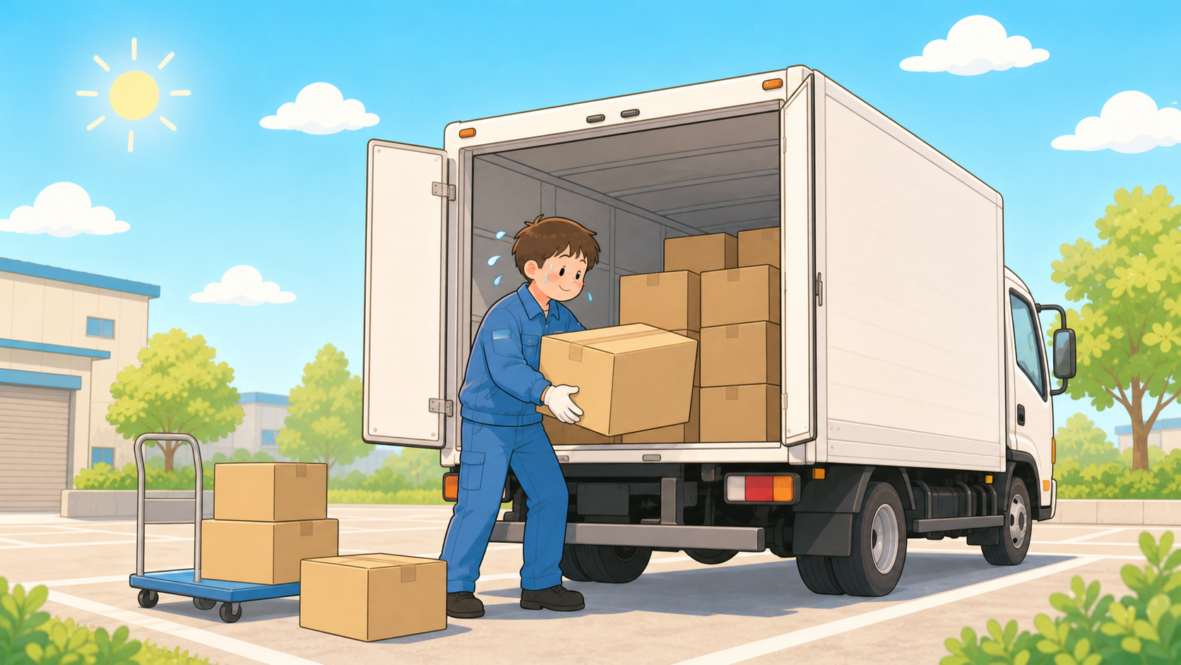 トラックの荷台の前で、段ボール箱を手作業で積み降ろししているドライバーのイラスト