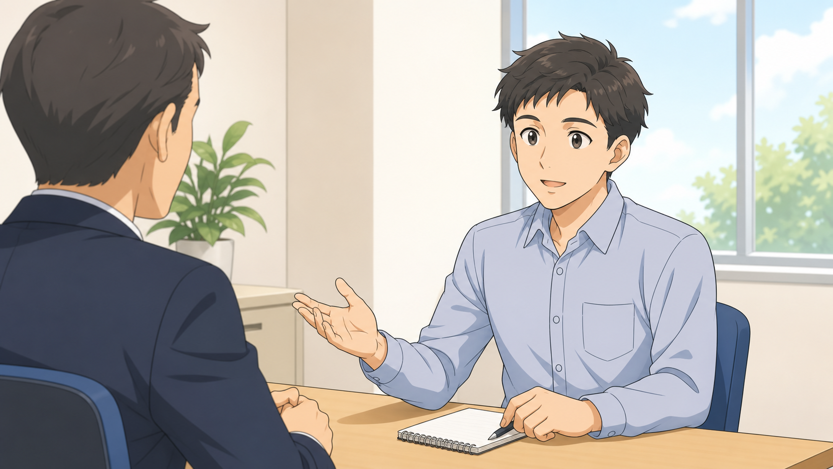 面接室で、面接官と落ち着いて向き合いながら質問しているトラックドライバー志望の男性のイラスト