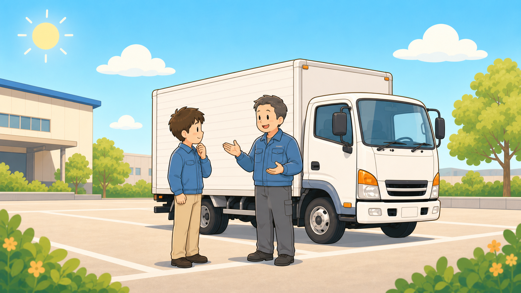 駐車場で、先輩ドライバーが若い新人に笑顔で仕事を教えているイラスト