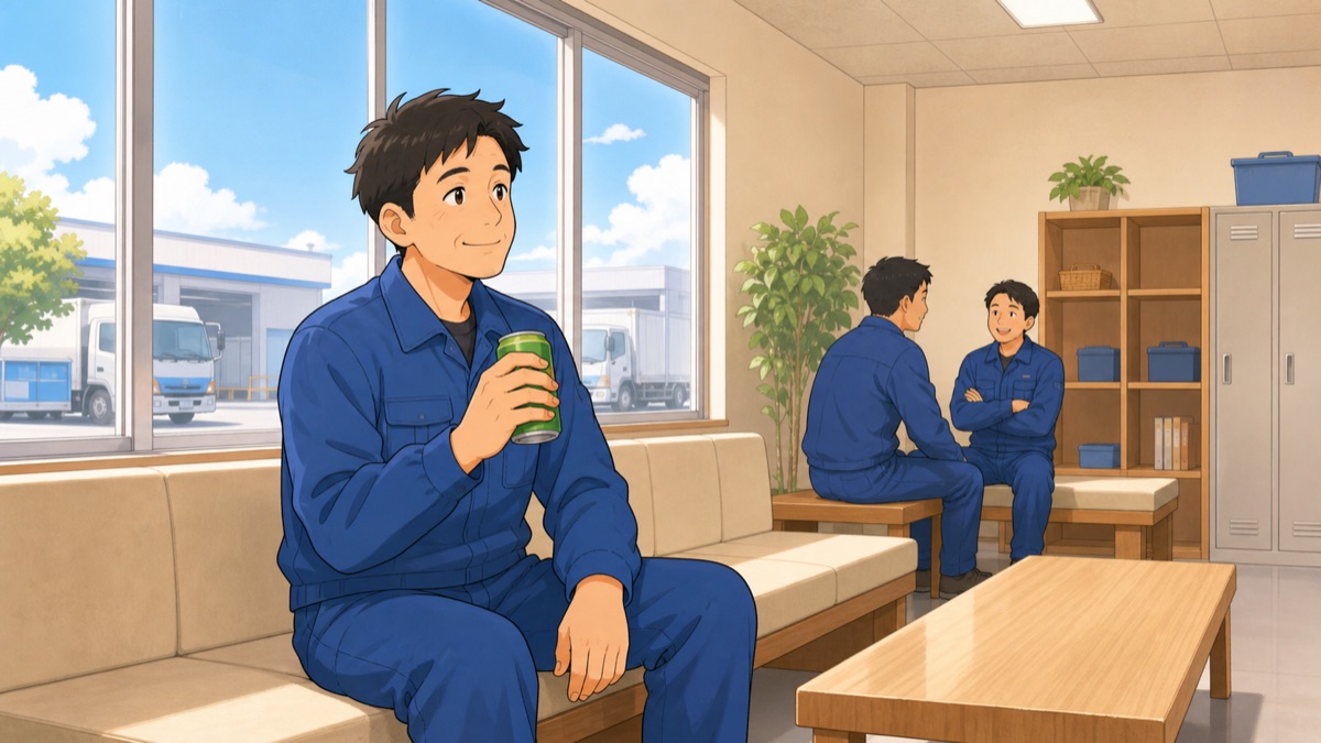 休憩スペースで、少し離れた場所に静かに座っているドライバーのイラスト