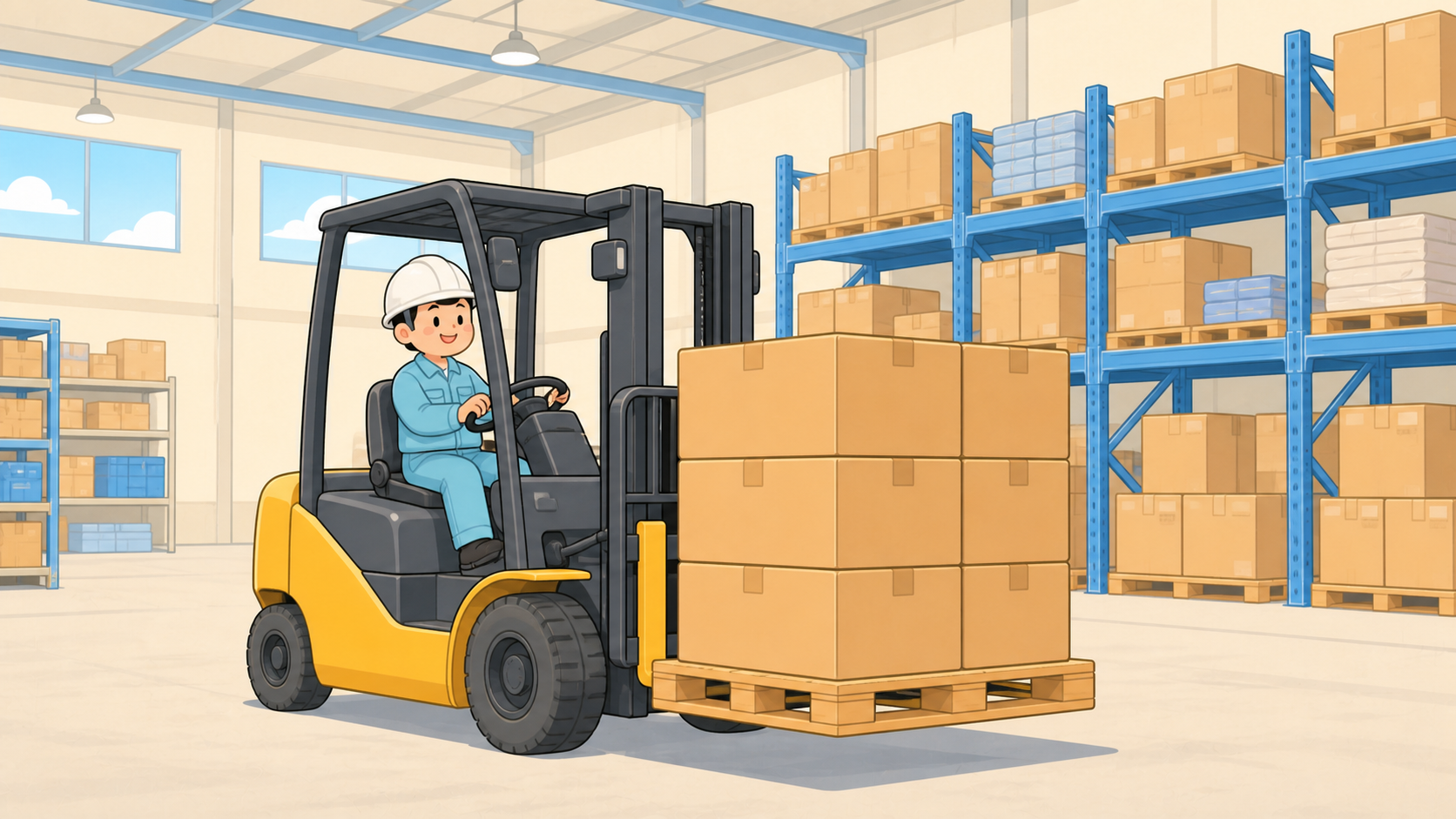 倉庫でフォークリフトを運転して荷物を運んでいるドライバーのイラスト