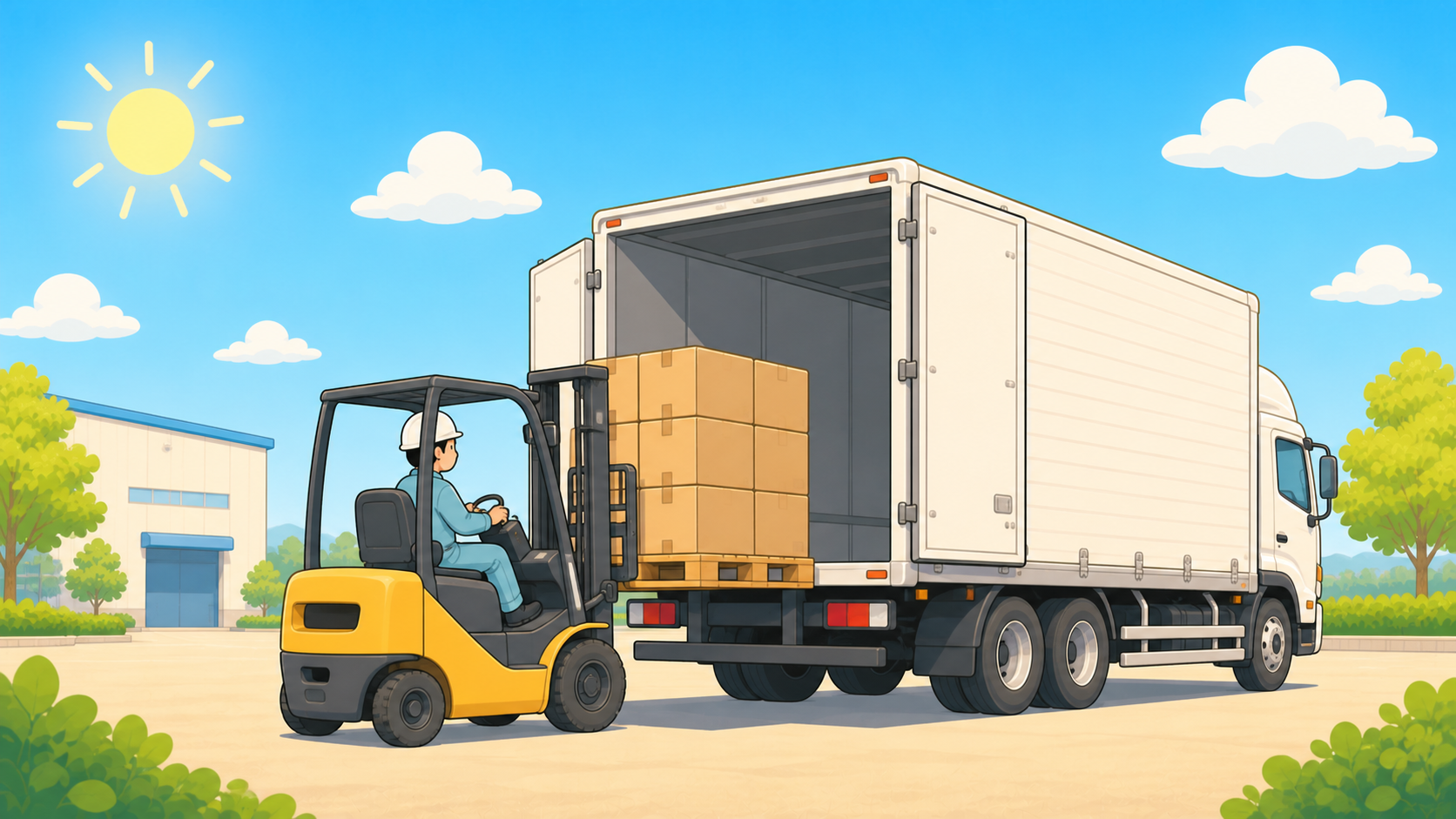 フォークリフトでパレットに載せた荷物を大型トラックに積み込んでいるイラスト