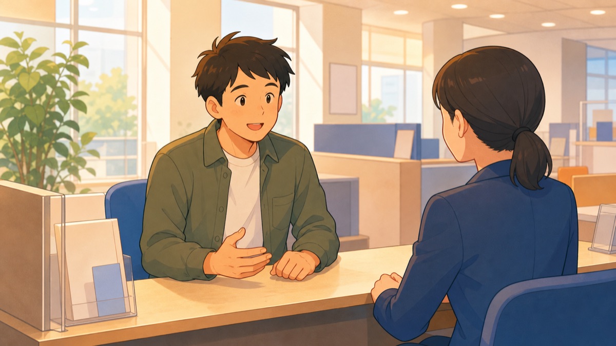 ハローワークの窓口で職員に相談している男性のイラスト