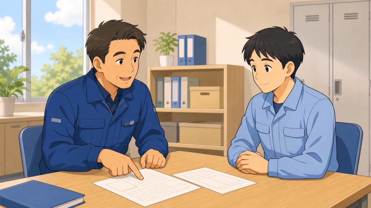 給与明細の控除欄を指さして説明しているイラスト
