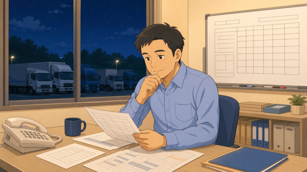 夜の事務所で、運行管理者が翌日の配車を考えているイラスト