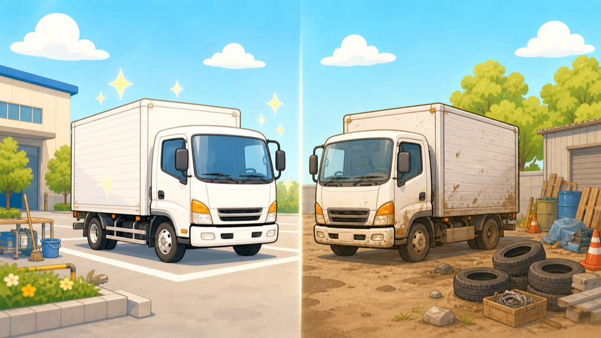 ピカピカに手入れされたトラックと、泥はねや傷だらけのくたびれたトラックの対比イラスト