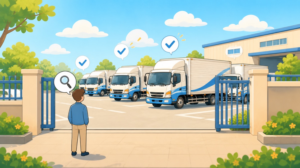 運送会社の門の外から、並んだトラックを観察してチェックしている男性のイラスト