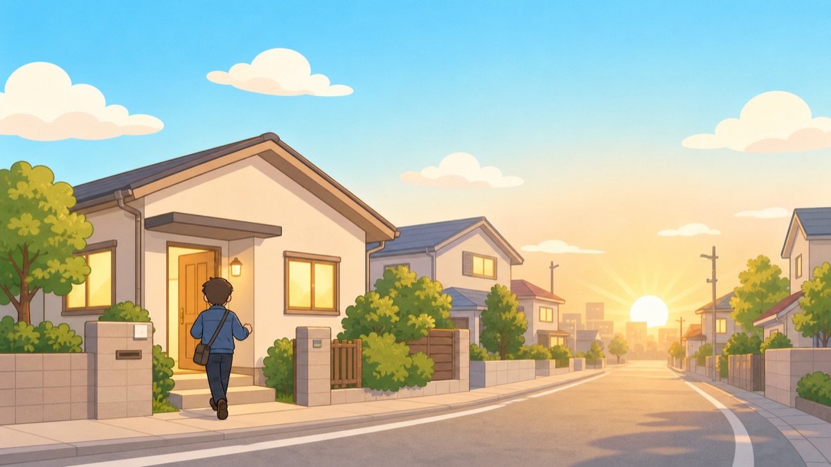 朝日がのぼる住宅街で、家から元気に出発する男性のイラスト