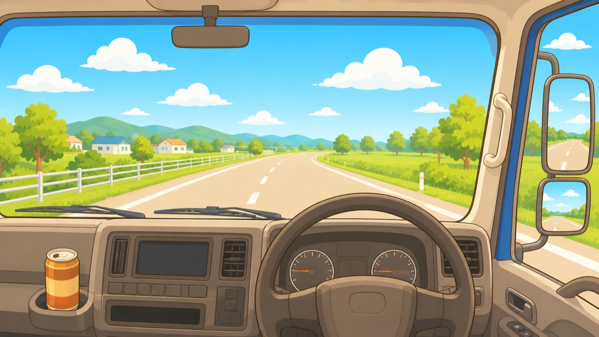 トラックの運転席から見える、青空と気持ちのいい郊外の道のイラスト