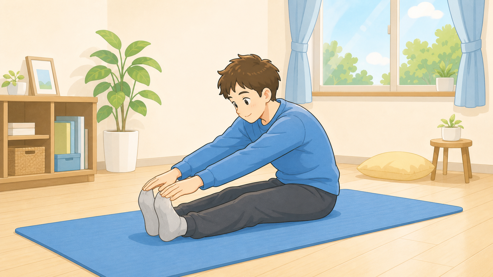 部屋でマットの上に座り、両脚を伸ばして前屈し、もも裏を伸ばすストレッチをしている男性のイラスト