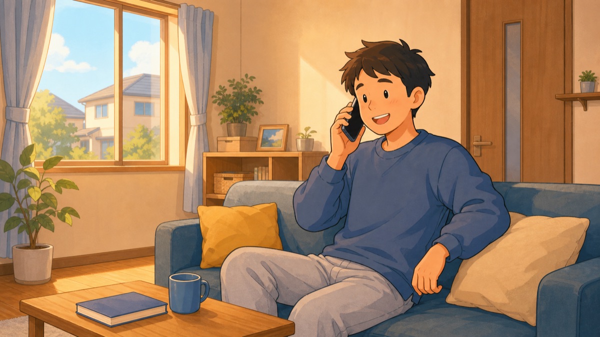 自宅のリビングで電話をかけ、会社に休みの連絡をしている明るい表情のドライバーのイラスト
