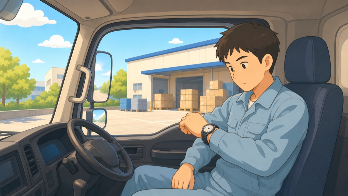 トラックの運転席で荷物が来るのを待ちながら時計を見ているドライバーのイラスト